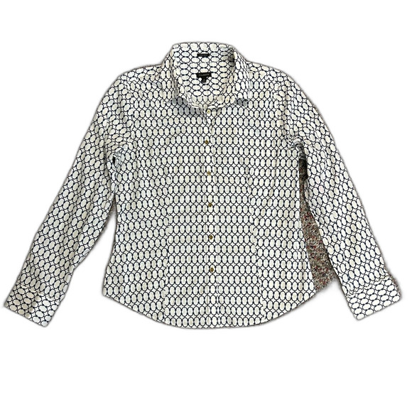 Talbots White Blue Chain Print Wrinkle Resistant LS Button Front Shirt Size 12 - Picture 2 of 15